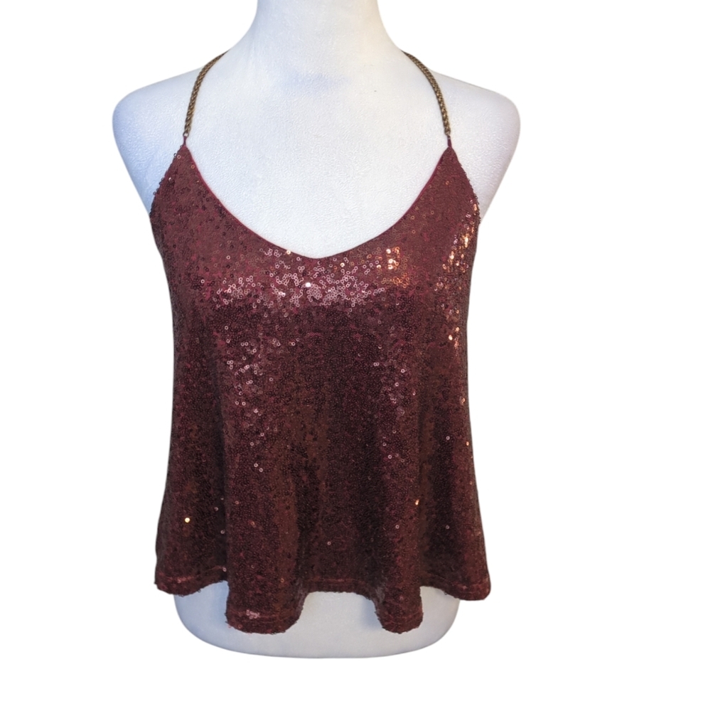 Michele Sequin Crop Top in Burgundy with Chain Straps